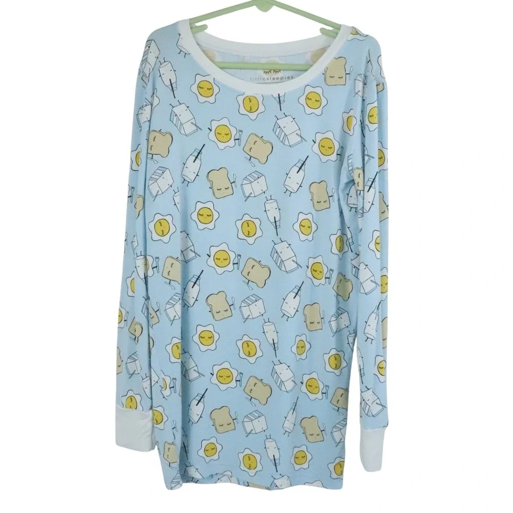 Little Sleepies Blue Breakfast Pajama 2 Piece Bamboo Set Egg Toast Milk Sz 12/14